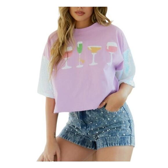 Peach Love Women's Small Lavender Haze Oversized Sparkle Short Sleeve Tee - Picture 1 of 8